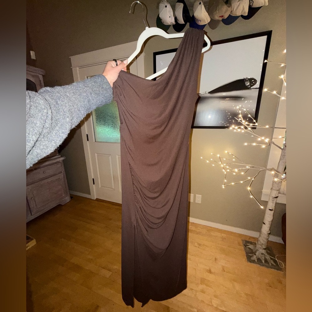 Zara Brown Asymmetrical Draped One-Shoulder Dress